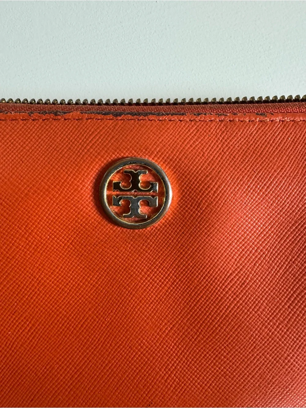 Tory Burch Coral-Orange Zip Wallet with Gold Logo
